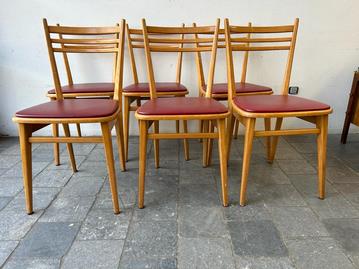 6 Chaises Bois Clair Galette en Skaï Rouge assise 42x39xh47cm hauteur dos 85cm